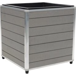 WPC Quader Monaco Grau Mit Alurahmen Silber Mit PP-Pflanzeinsatz 43 X 43 X 42 Cm